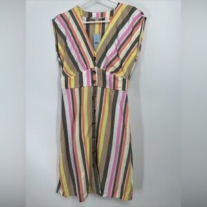 LOFT Striped Button Flare Spring Dress Women’s SIZE 0 Petite Cap Slv New